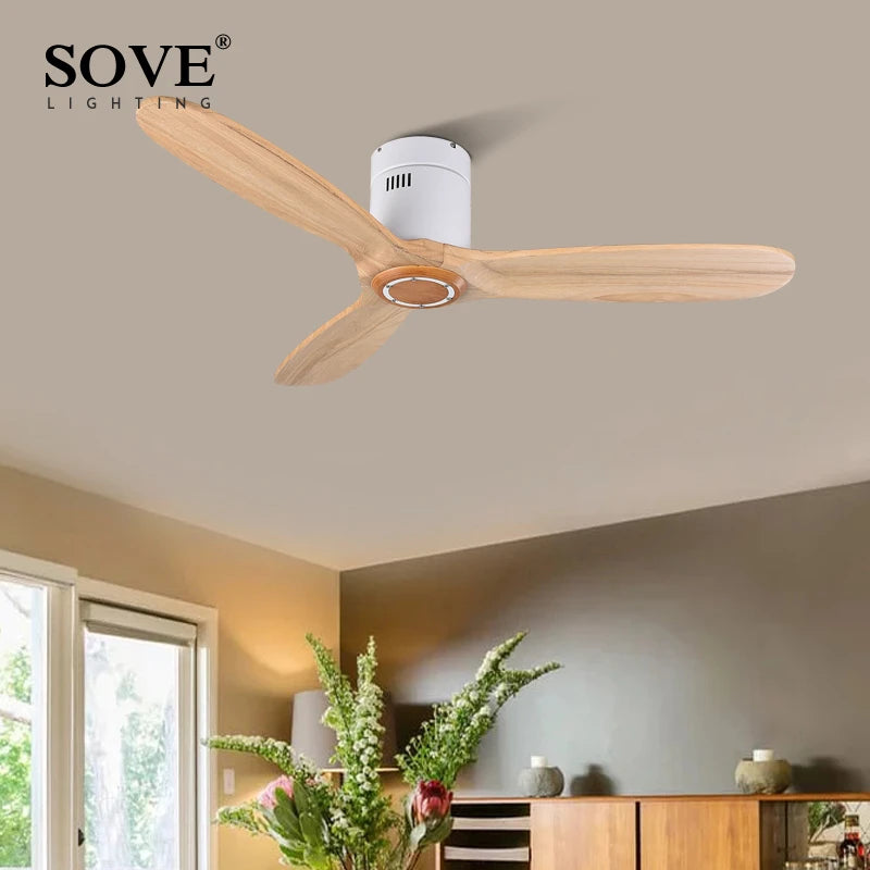 SOVE Black Vintage Wood Ceiling Fan Wooden Ceiling Fans With Lights Decorative Home Fan Lamp Retro Ceiling Fan Remote Control