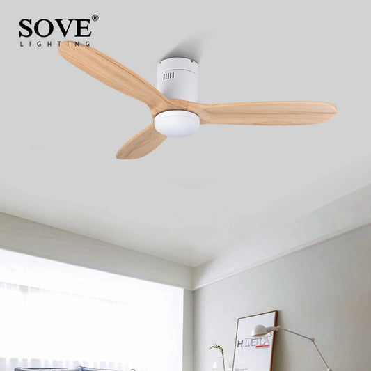 SOVE Black Vintage Wood Ceiling Fan Wooden Ceiling Fans With Lights Decorative Home Fan Lamp Retro Ceiling Fan Remote Control